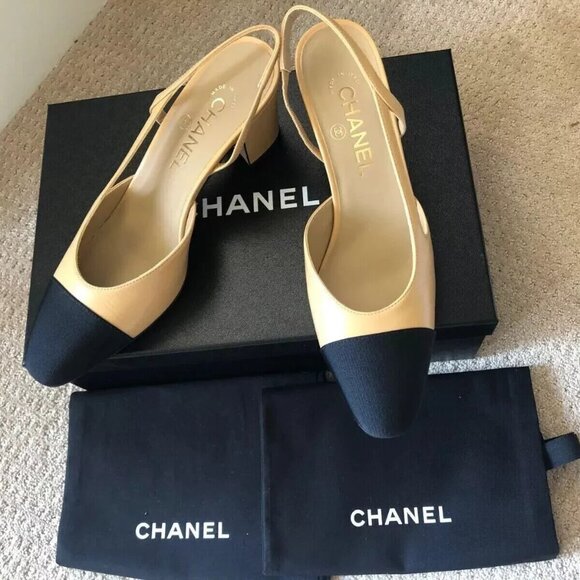 Chanel Beige/Black Goatskin Cap Toe Slingback Pumps - Picture 1 of 7